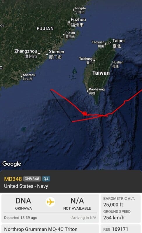 美國最新民調，60%民眾同意美國政府承諾美軍直接參與台灣防衛。圖為美軍無人機在台灣周邊偵察巡弋。   圖：翻攝「X」@Oceanworldfree