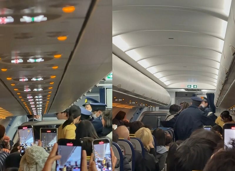 台籍男子酒醉情緒失控，最終遭日本航警登機強制將其帶離。   圖：翻攝自社群threads