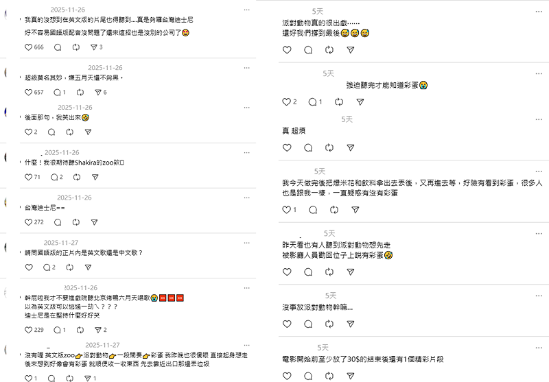 《動物方城市2》片尾曲不分中英文版都是五月天〈派對動物〉掀起熱議。   圖：取自Threads