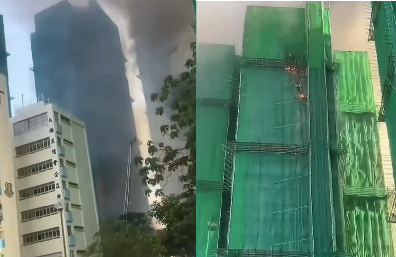 第一棟起火的大樓宏昌閣(左)冒著濃濃黑煙的時候，從影面中可以看到，宏建閣(右)距離宏昌閣最近的位置當時還沒有起火，不過當把鏡頭推出去的時候，發現宏建閣背離宏昌閣的位置卻出現火情。   圖：取自網路節目《新聞看點 李沐陽》
