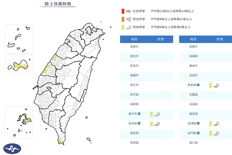 東北風偏強，6日晨至7日下午台中市、彰化縣、屏東縣、澎湖縣、金門縣局部地區有平均風6級以上或陣風8級以上發生的機率(黃色燈號)，請注意。   圖/氣象署
