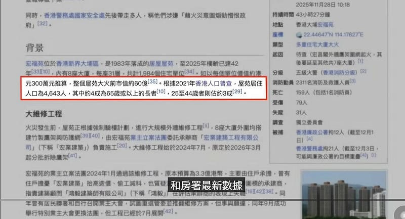 根據香港2021年人口普查和房署的最新數據，宏福苑8座共4643人，平均每座580人，因此將580人乘以7棟受災大樓受災總註冊人口共有4060人。   圖：翻攝自YouTube頻道《大宇拍案驚奇》