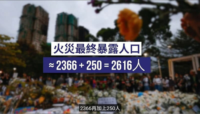 根據綜合推估計算，香港大火火災暴露人口約2616人。   圖：翻攝自YouTube頻道《大宇拍案驚奇》