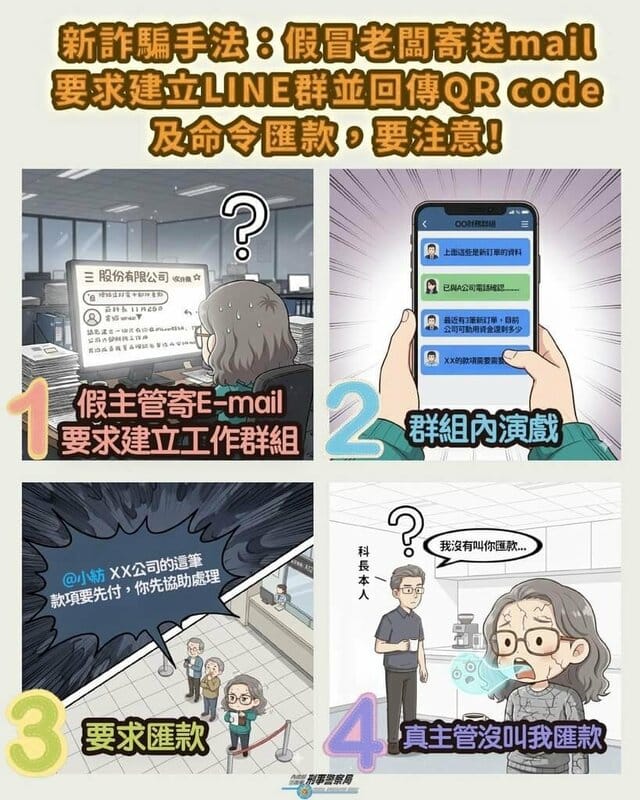 刑事局7日表示，歲末年終之際，有詐騙集團假扮公司負責人寄電子郵件邀員工加入LINE群組，偽稱需緊急付款要求員工直接匯款，造成公司財損，提醒企業勿任意回覆相關信件防詐。（刑事局提供）中央社記者黃麗芸傳真　114年12月7日   