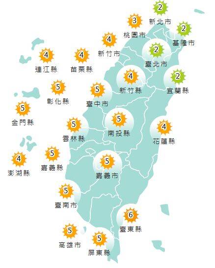 氣象署發布各地紫外線指數預報概況。   圖：氣象署提供