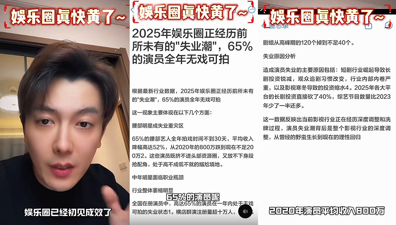 李亭哲揭露數據指出，2025年中國娛樂圈出現前所未有的失業潮，估有65％的演員全年無戲可拍   圖：翻攝自網路