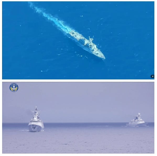 菲律賓海岸警衛隊6日在南海斯卡伯勒淺灘（中國稱黃岩島）海域巡邏時，意外目擊中國與美國海軍船隻「對峙」。上為美艦「拉斐爾·比拉達號（DDG 115）」；下為中國2艘054A飛彈護衛艦。   圖：翻攝菲律賓海岸警衛隊
