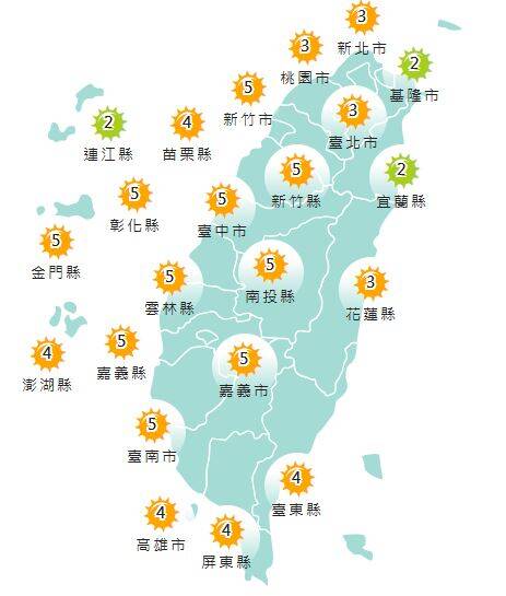 氣象署發布各地紫外線指數預報概況。   圖：氣象署提供