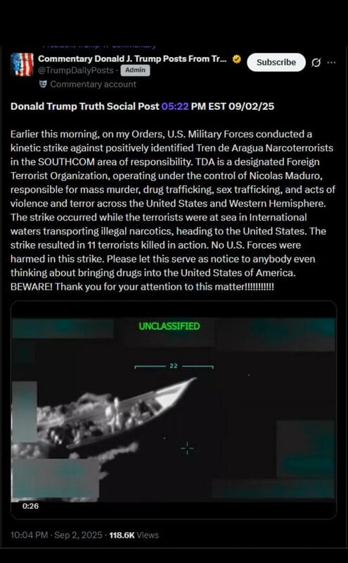 川普9月2日當天，曾在社群媒體上表示自己下令打擊。圖：翻攝自 X《Georgia DiPirro》
