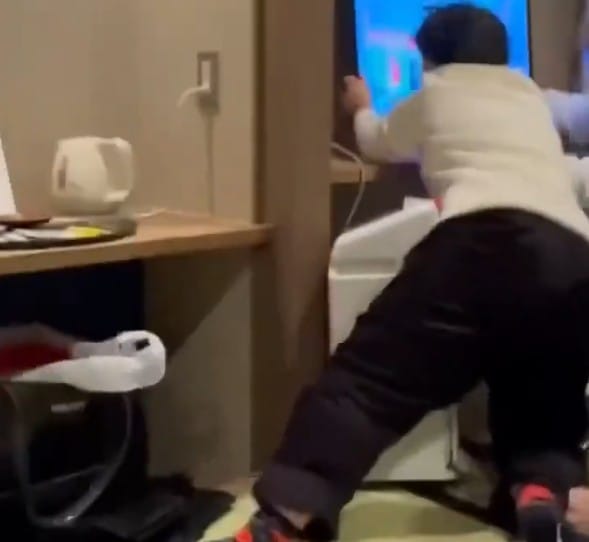 台灣旅客拍下影片可見，地震發生後，兩人衝上前扶住快倒下的電視。   圖：翻攝X（前推特）