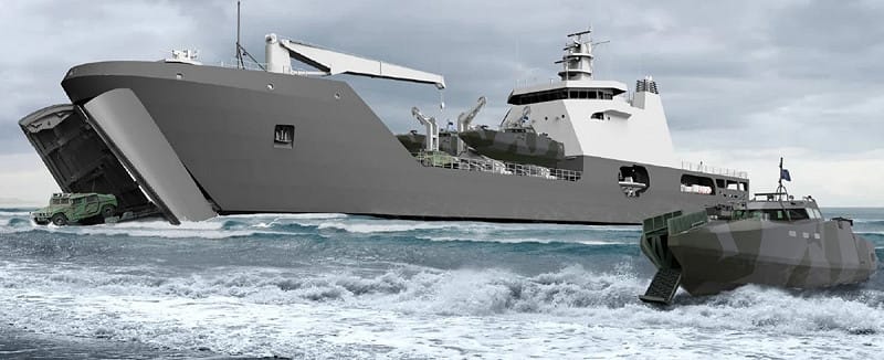 美國海軍選定荷蘭達門船廠（Damen）LST-100登陸坦克艦船型，作為全新中型登陸艦。圖為LST-100藝術渲染圖。   圖：荷蘭達門船廠官網