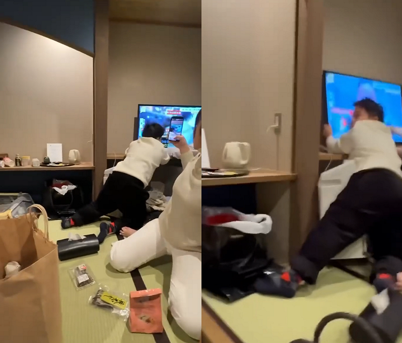 日本青森昨晚發生規模7.6強震，就有網友分享在事發當下，台灣旅客在青森溫泉旅館內拼命保護液晶大電視。   圖：翻攝自Threads