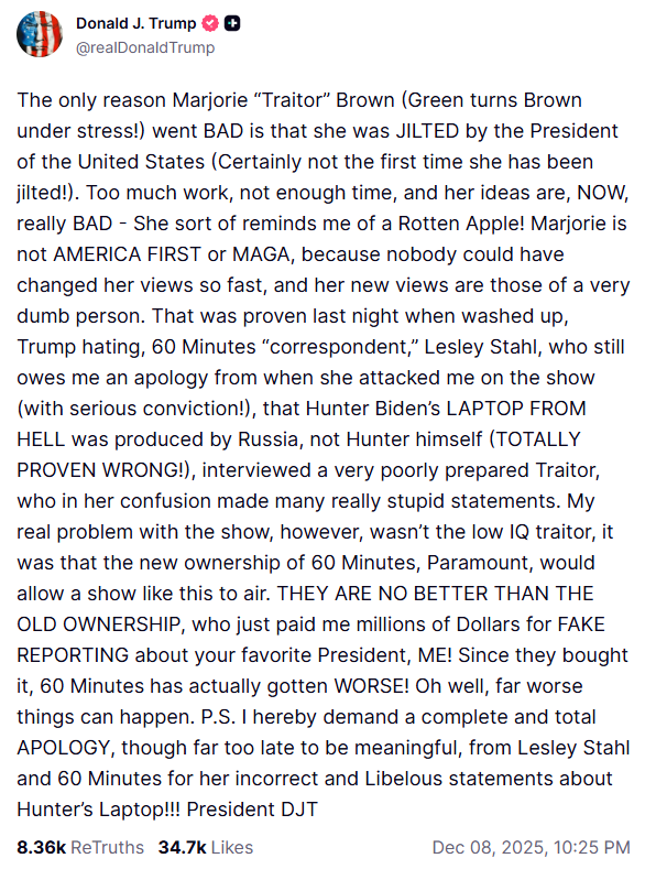 川普在社群媒體上將眾議員格林比做一個「壞蘋果」。圖:翻攝自 Truth Social《Donald J. Trump》 川普在社群媒體上將眾議員格林比做一個「壞蘋果」。圖:翻攝自 Truth Social《Donald J. Trump》