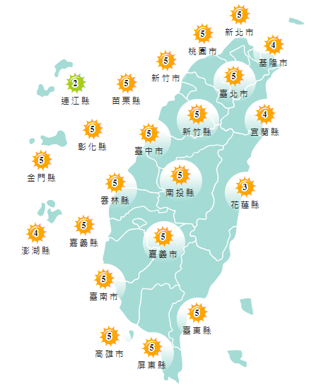 氣象署發布各地紫外線指數預報概況。   圖：氣象署提供