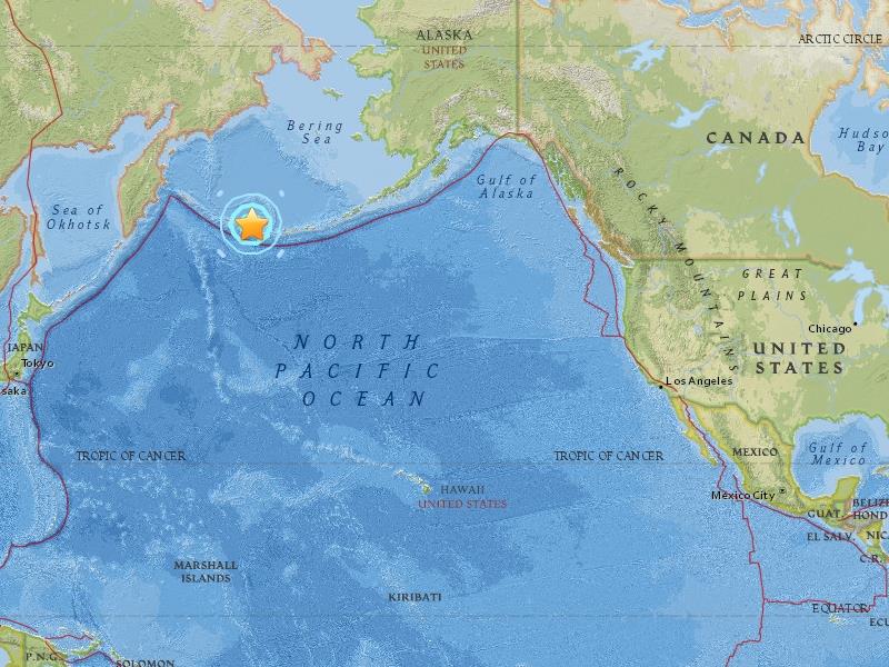 美國阿拉斯加州西岸外海8日發生規模6.6強震，美國地質調查所表示，震源深度111.8公里，震央在阿留申群島偏遠布爾迪爾島以東60公里。   （圖取自美國地質調查所網頁earthquake.usgs.gov）