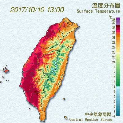 今天早上氣溫也不斷往上飆，西半部已經有多地達到36以上高溫，讓台灣中午的溫度分布圖呈現一顆「紅番薯」。   圖：中央氣象局