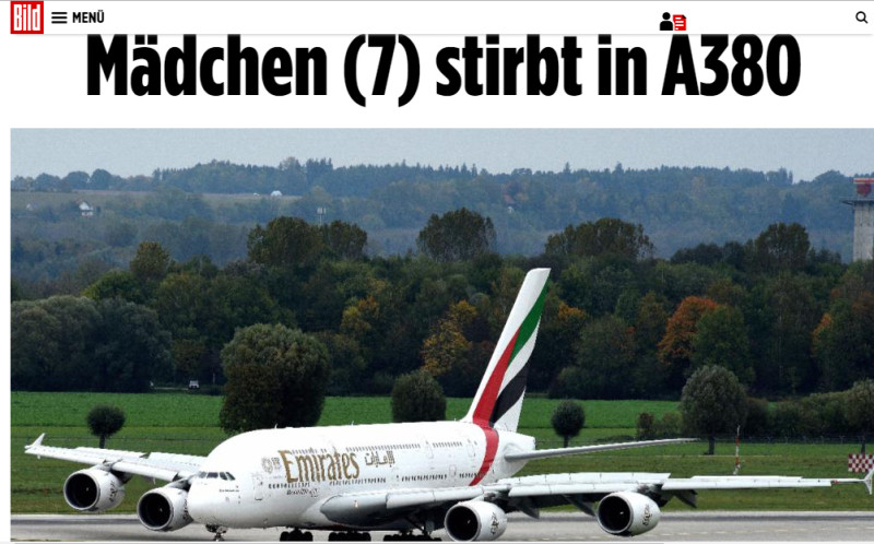 德國《圖片報》報導，1架阿聯酋航空編號EK49的班機飛往慕尼黑途中，1名7歲台灣女孩突然發高燒，搶救不及。   圖：翻攝德國《圖片報》