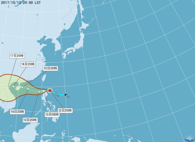 卡努颱風預測未來往西北西移動，氣象局提醒民眾特別注意其動向，估計卡努會與東北風產生共伴效應，15日前台灣天氣不穩定，東半部易有豪雨，請低窪地區住戶特別留意安全。   圖：翻攝自中央氣象局網站