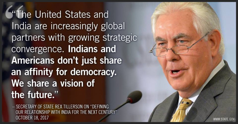 美國國務卿提勒森18日在華盛頓1場論壇上，強調美國未來將加強與印度的合作，共同維護世界和平。   圖：翻攝美國國務院臉書