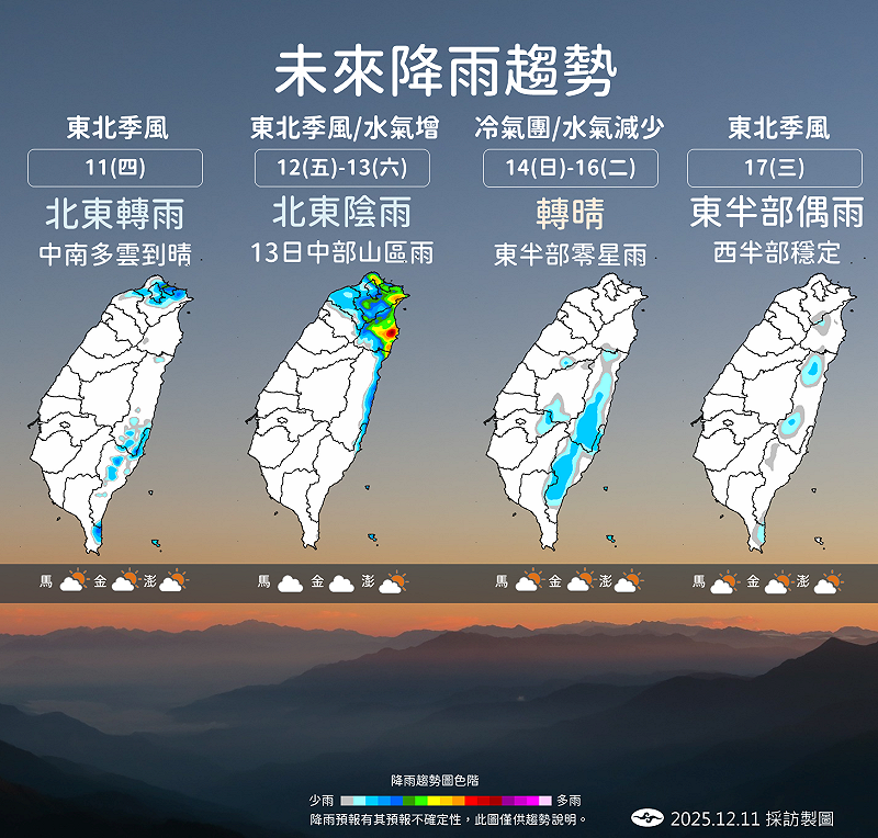 今(11)日下午東北季風增強，北台與東半部轉為零星降雨，週五至週六基隆北海岸、大台北山區及東北部雨勢最明顯。   圖：氣象署／提供