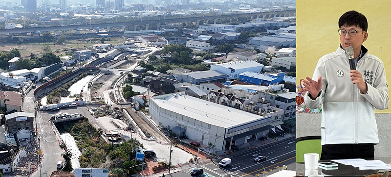 市政路二期延伸工程擺爛，市議員林祈烽（右）認為市政府才罰18萬元太輕了。    圖：新頭殼合成