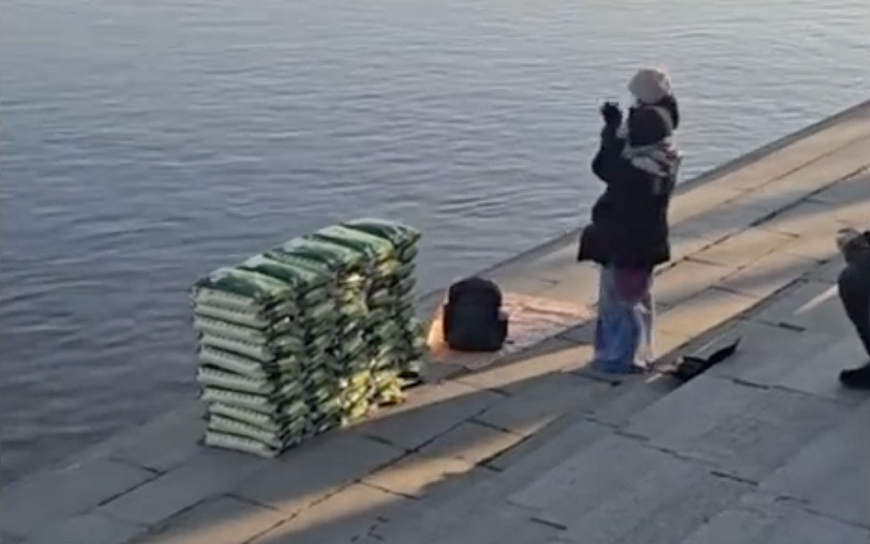 中國遼寧丹東有人於8日被拍攝到疑似在放生白米。   圖：翻攝自 微博