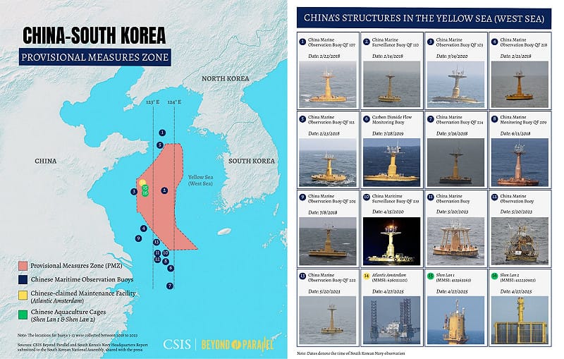 美國智庫最新報告指出，近年來，中共在黃海中韓暫定措施水域單方面設置 16 處設施，採取「漸進式主權擴張」策略。   圖：翻攝自 X  CSIS