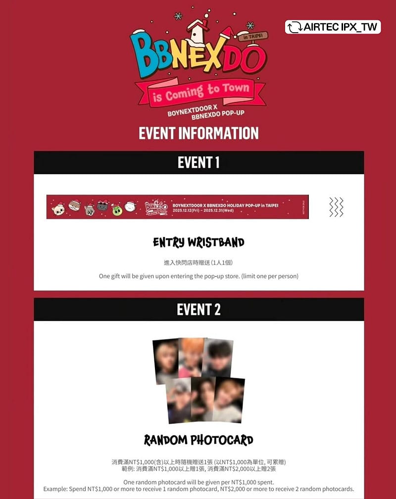 「BOYNEXTDOOR X BBNEXDO POP-UP ‘BBNEXDO is Coming to Town’ in TAIPEI」入場手環及滿額贈小卡。&nbsp;&nbsp;&nbsp;圖：網銀國際影視／提供