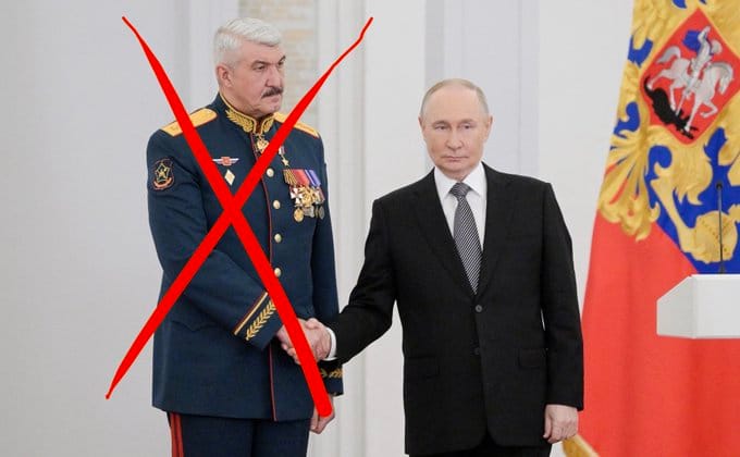  有網友指出，向普丁匯報庫皮揚斯克戰果，並獲得普丁親自頒發勳章的俄軍將領庫佐夫列夫(左)可能已經遭到普丁「處決」。 圖：翻攝自 @Lawrenc09874431 X 帳號 