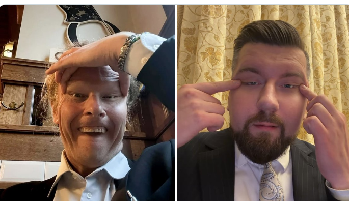 芬蘭人黨議員尤霍·埃羅拉（Juho Eerola）（左）與歐洲議會議員塞巴斯蒂安·廷基嫩（Sebastian Tynkkynen）也加入聲援戰。   圖：翻攝自 X