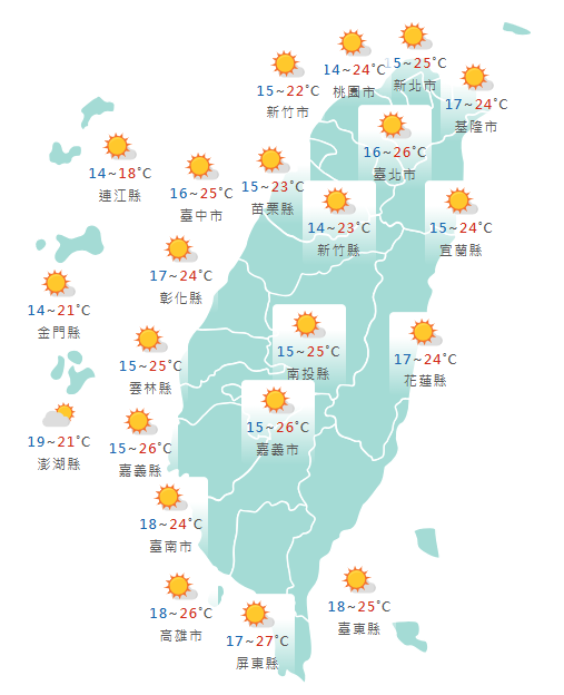  氣象署公布各地天氣預報概況。&nbsp;&nbsp;&nbsp;圖：氣象署提供
