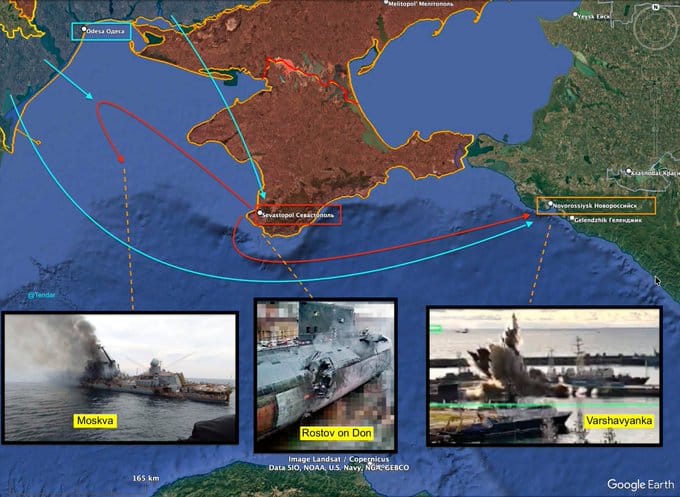  有網友分析指出，烏軍透過一連串打擊行動，將原先包圍敖德薩的黑海艦隊先後逼退至克里米亞、新羅西斯克，「現在就連新羅西斯克也成為襲擊目標了」。 圖：翻攝自 @Tendar X 帳號 
