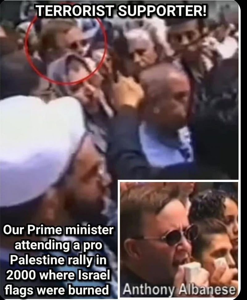 部分社群同時翻出澳洲總理於 2000 年曾參與伊斯蘭反猶遊行的歷史照片。 圖 : 翻攝自X帳號@Israelwaronhama