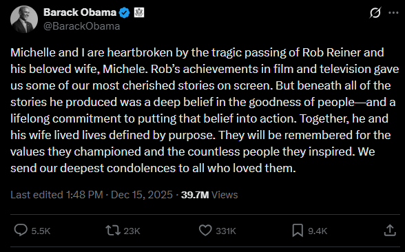 美國前總統歐巴馬在 X 上發文哀悼，與川普的行為形成顯著對比。圖：翻攝自 X《Barack Obama》
