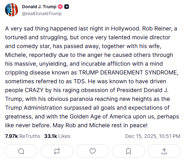  川普於 Truth Social 上的貼文。圖：翻攝自 Truth Social《Donald J. Trump》