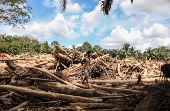 印尼亞齊省亞齊泰咪昂,一名男子走在被山洪沖走的木材中。 圖 : 翻攝自視覺中國 印尼亞齊省亞齊泰咪昂,一名男子走在被山洪沖走的木材中。 圖 : 翻攝自視覺中國