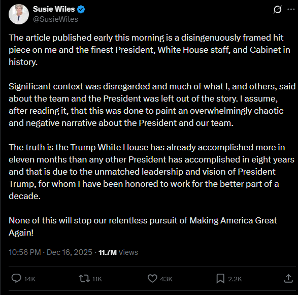 威爾斯在 X 上發文反駁文章內容。圖：翻攝自 X《Susie Wiles》