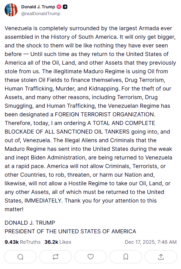 川普在 Truth Social 的貼文。圖：翻攝自 Truth Social《Donald J. Trump》