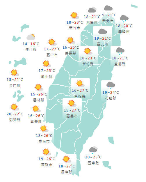  氣象署公布各地天氣預報概況。&nbsp;&nbsp;&nbsp;圖：氣象署提供