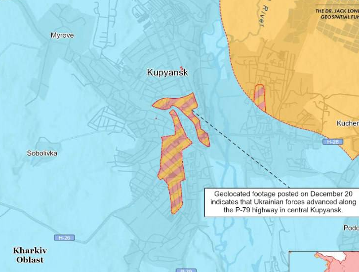  俄羅斯占領者在 12 月 19 日與 20 日持續對P-79 公路向前推進。 圖：翻攝自 X@Slava 