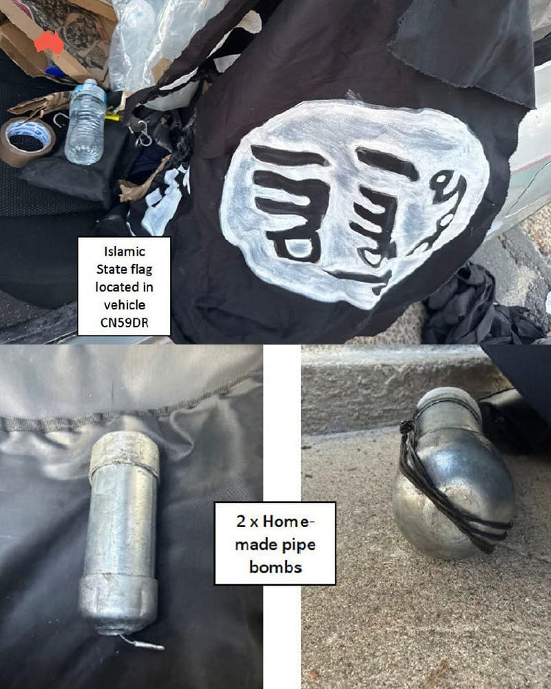 新南威爾斯警方在嫌犯車內查獲伊斯蘭國（ISIS）旗幟，以及事發現場有未引爆的管狀炸彈。 圖：翻攝自 X @australian