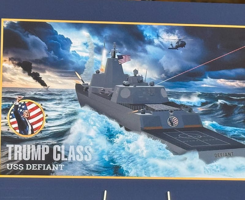  川普級首艦 USS Defiant 視覺渲染圖，搭配上川普最喜愛的中彈圖片。圖：翻攝自 X《johnny maga》