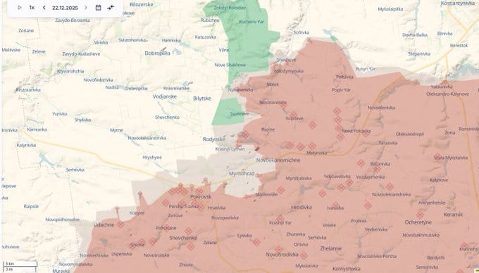  烏軍仍有紅軍城北郊（綠色部分）的控制權，而灰色地區雙方皆無法穩定控制。圖：翻攝自 X《新‧二七部隊 軍事雜談》