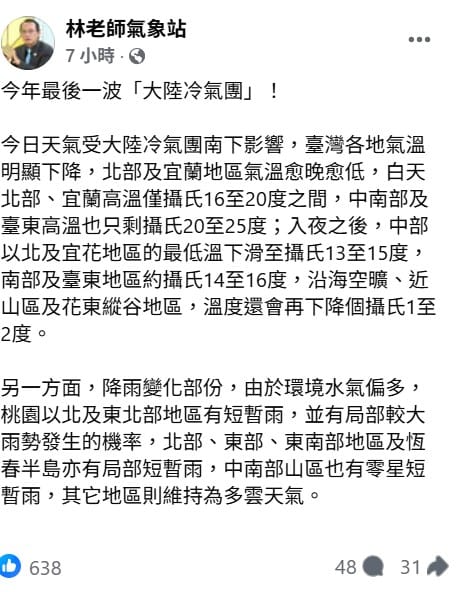 《林老師氣象站》指出，北部及宜蘭地區氣溫愈晚愈低，高溫不到20度，低溫下探13度&nbsp;&nbsp;&nbsp;圖：擷自林老師氣象站