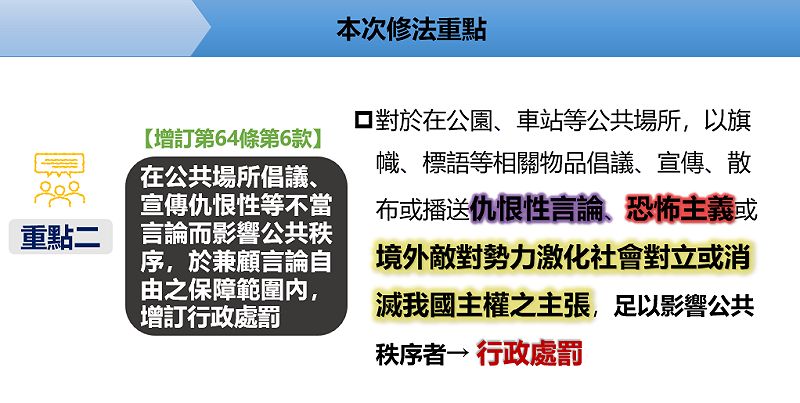 社會秩序維護法修法重點之二。&nbsp;&nbsp;&nbsp;圖：內政部提供
