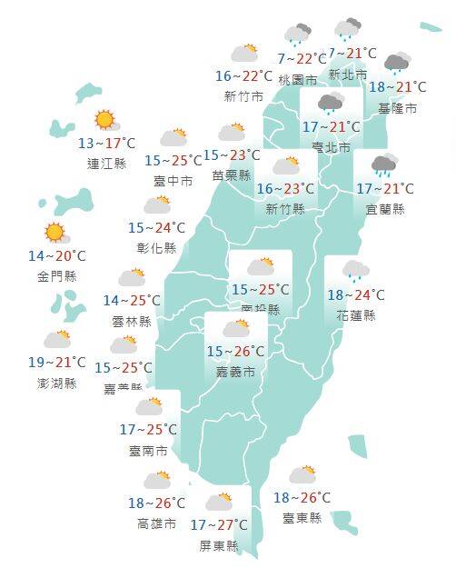 氣象署公布各地天氣預報概況。&nbsp;&nbsp;&nbsp;圖：氣象署提供
