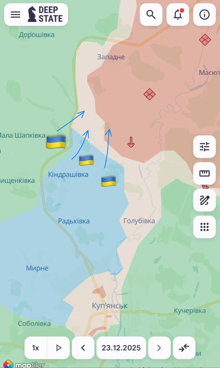 地圖顯示藍色箭頭標示烏克蘭進展，紅色區域代表俄軍位置，強調12月22-23日俄軍攻勢失敗。&nbsp;&nbsp;&nbsp;圖：翻攝自 X @SanderRegter