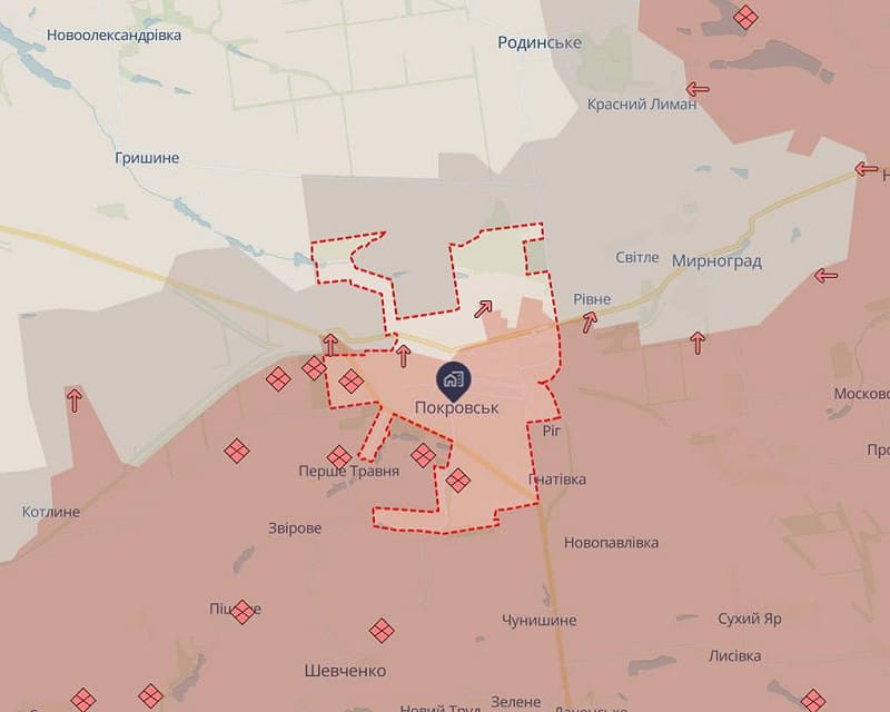 地圖顯示,俄軍已掌控波克羅斯克夫一半以上的地區。 圖:翻攝自 X @UkrReview 地圖顯示,俄軍已掌控波克羅斯克夫一半以上的地區。 圖:翻攝自 X @UkrReview