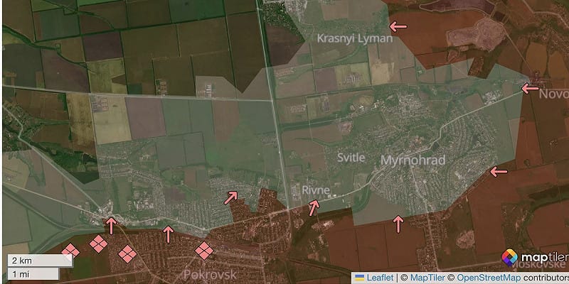 地圖顯示俄軍推進至市鎮西北,少數烏克蘭單位仍於該區抵抗,反映戰況動態但非全面失守。 圖:翻攝自 X @JulianRoepcke 地圖顯示俄軍推進至市鎮西北,少數烏克蘭單位仍於該區抵抗,反映戰況動態但非全面失守。 圖:翻攝自 X @JulianRoepcke