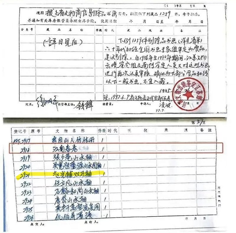 單據顯示該批贗品經江蘇文物總店處理，包括《雙馬軸》等宋元名跡，證實博物院曾批量剔除並出售經鑑定為假的藏品。 圖：翻攝自 X @fangshimin